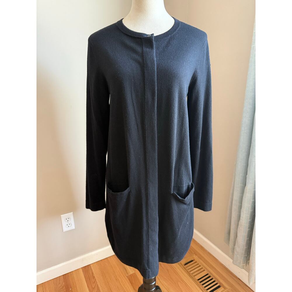 J. Jill Navy Wool Blend Long Cardigan Knit Jacket Size Small Lagenlook Academia